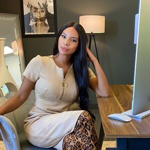 Calvin Klein Collection Tan Dress with Gold Logo Accent Zipper